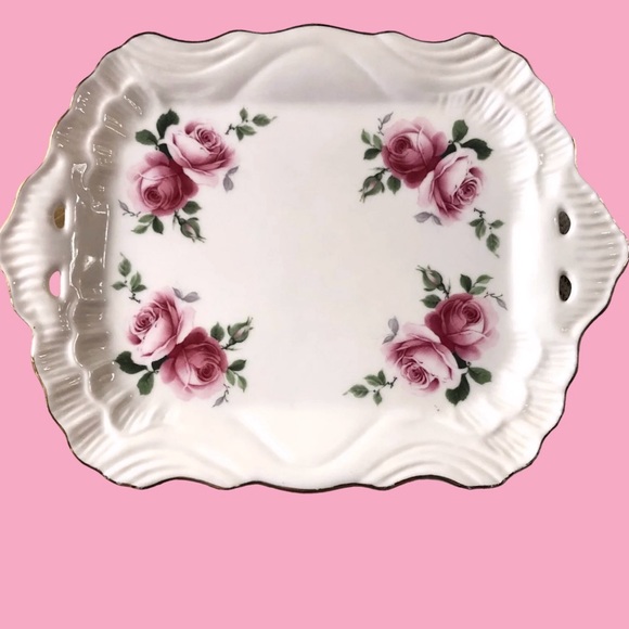 Golden Crown Small Serving Plate 9” Pink Roses E&R Germany Gold Trim Handles - Picture 2 of 10